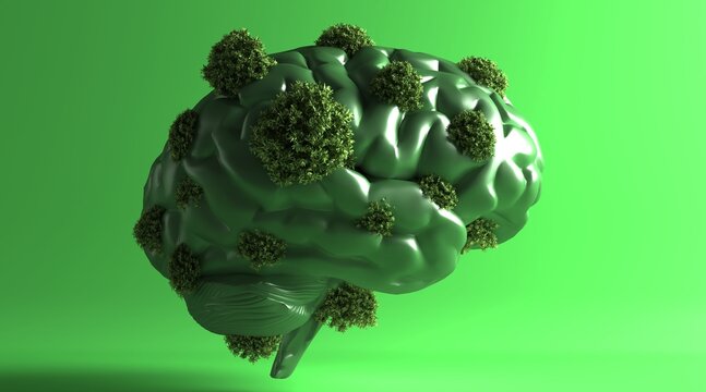 3d rendering of human brain covered with plants over green background. Sustainability Concept. 