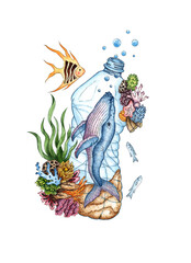 Watercolor illustration of a whale in a plastic bottle. Environmental pollution poster, save the ocean, earth day illustration. Nature and plastic, marine debris, environmental poster.