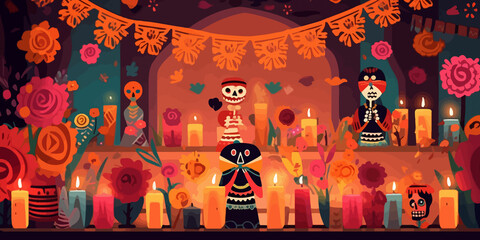 Vibrant Day of the Dead altar concept, festive background