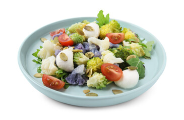 Delicious salad with cauliflower, tomato and cheese isolated on white