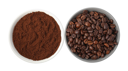 Bowls with ground coffee and roasted beans on white background, top view