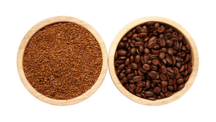 Bowls with instant coffee and roasted beans on white background, top view