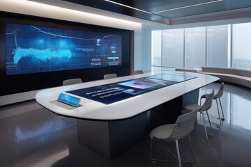 A  conference room displays presentations with high technology. generative AI