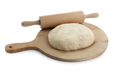 Fototapeta na wymiar Fresh yeast dough and wooden rolling pin isolated on white