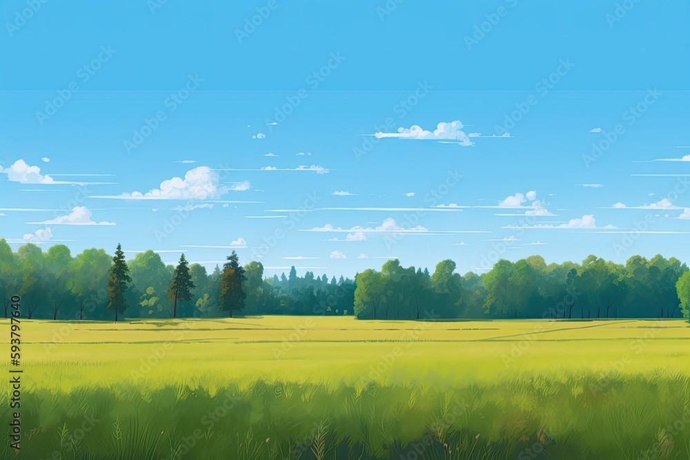 Poster serene landscape with green fields and tall trees in the distance. generative ai