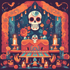 Vibrant Day of the Dead skull altar, conceptual background