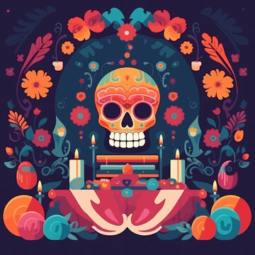 Vibrant Day of the Dead skull altar, conceptual background