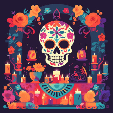 Vibrant Day of the Dead skull altar, conceptual background