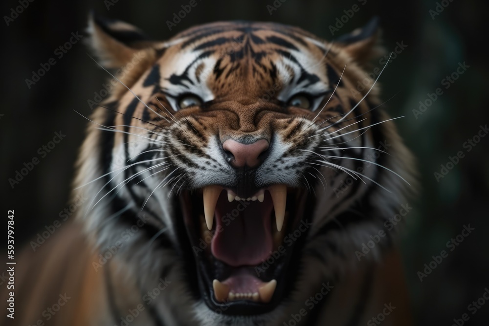 Poster fierce tiger displaying its sharp teeth and open mouth. generative ai