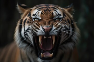 Obraz premium fierce tiger displaying its sharp teeth and open mouth. Generative AI