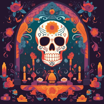 Festive D?a de los Muertos skull altar, colorful background concept