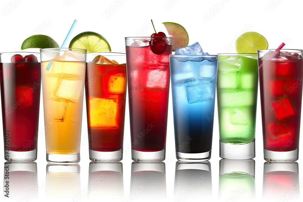 Poster colorful array of refreshing beverages in various glasses. generative ai