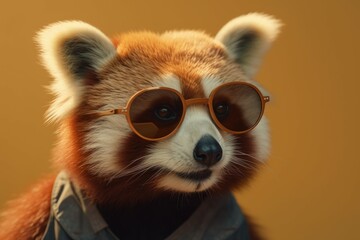 Funny cute red panda in sunglasses with happy emotion. AI generated, human enhanced