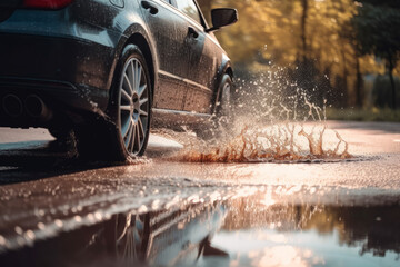 Splashes and underside of a car wheel with selective focus and blurred background. AI generated, human enhanced.
