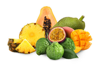 Many different fresh fruits on white background