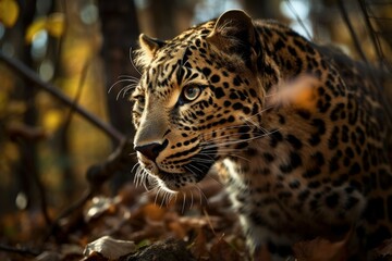 Beautiful leopard. Background with selective focus and copy space. AI generated, human enhanced