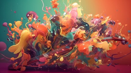 Colorful Abstract Artwork of Explosive Multi-Colored Flowing Liquid and Violin