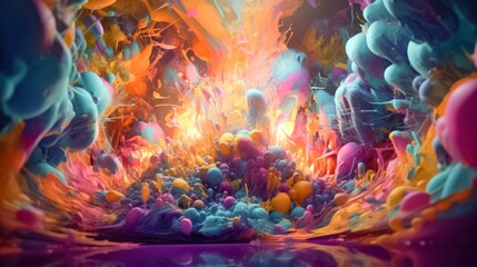 Naklejka premium Colorful Abstract Artwork of Explosive Multi-Colored Background with Flowing Liquid and Balloons