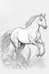Obraz na płótnie Canvas Majestic horse galloping through a field, line art for coloring book, crisp lines, white background, AI generative