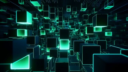 futuristic dimension abstract 3d cubes animation with green squares. generative AI