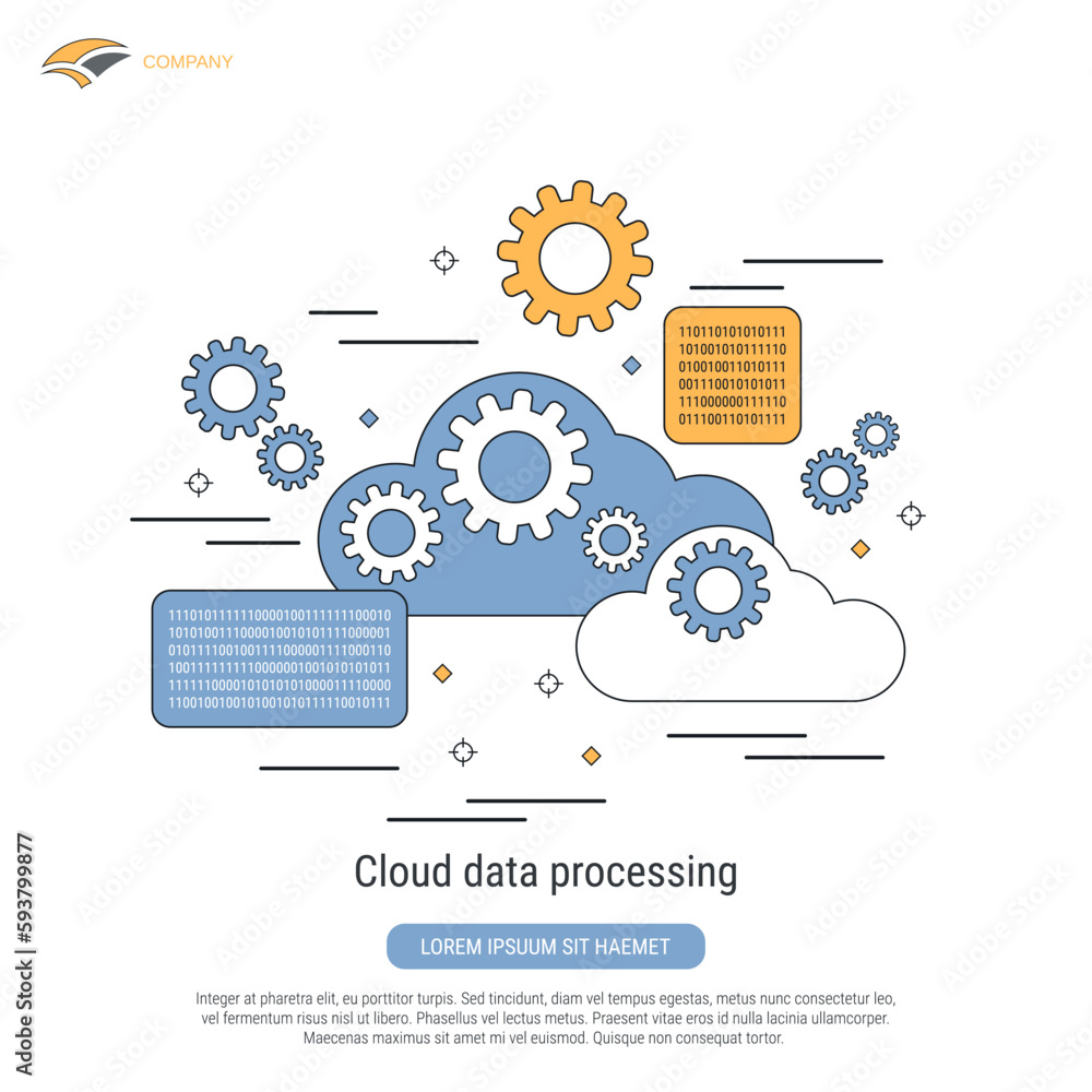 Poster cloud computing, data processing, network flat contour style vector concept illustration