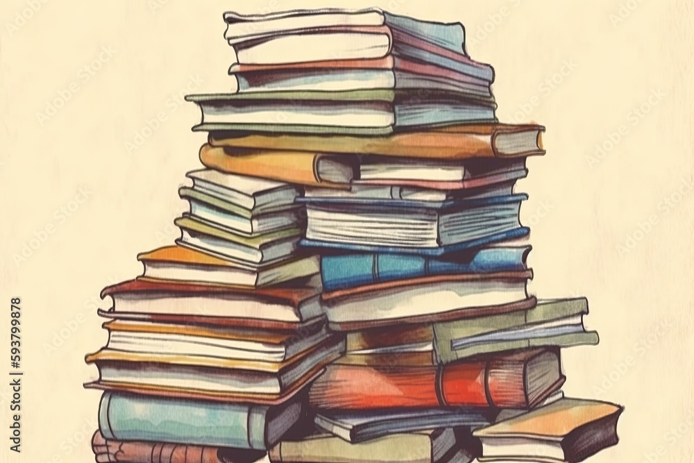 Poster pile of books stacked on top of each other with a white background. generative ai