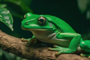 Obraz premium green frog perched on a tree branch in a natural setting. Generative AI