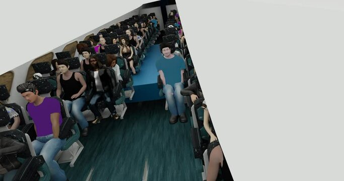 people travel on airplane captured by camera movement Dolly shows flight with diversity people seated start vacation 3D animation 