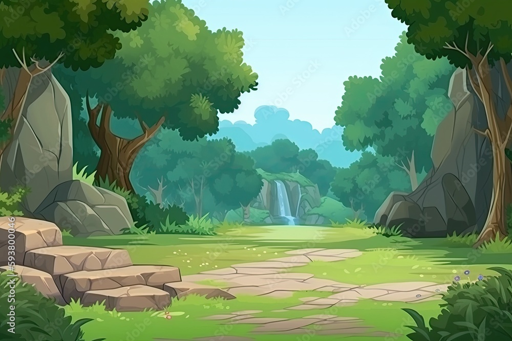 Poster serene forest with a cascading waterfall in the background. generative ai