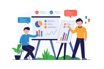 Two business people are working on analyzing data management, modern flat illustration