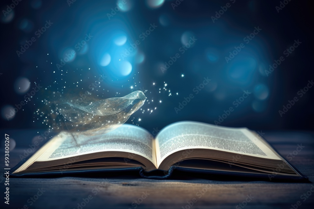 Poster bird flying out of an open book. generative ai