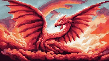 Red dragon background on the sky, pixel art (ai generated)