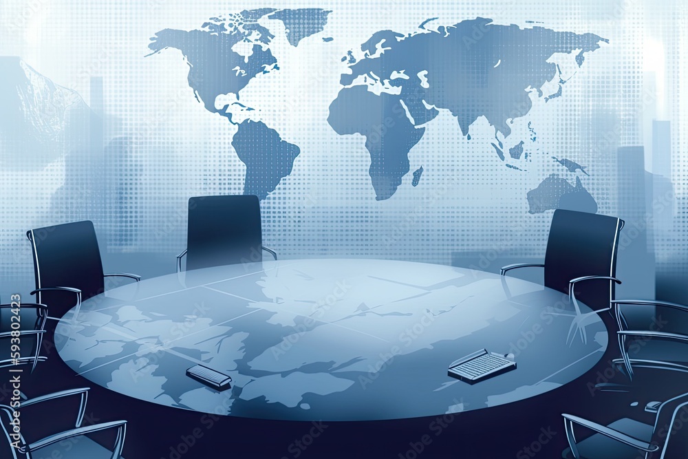 Aufkleber global conference room with a round table and world map on the wall. generative ai