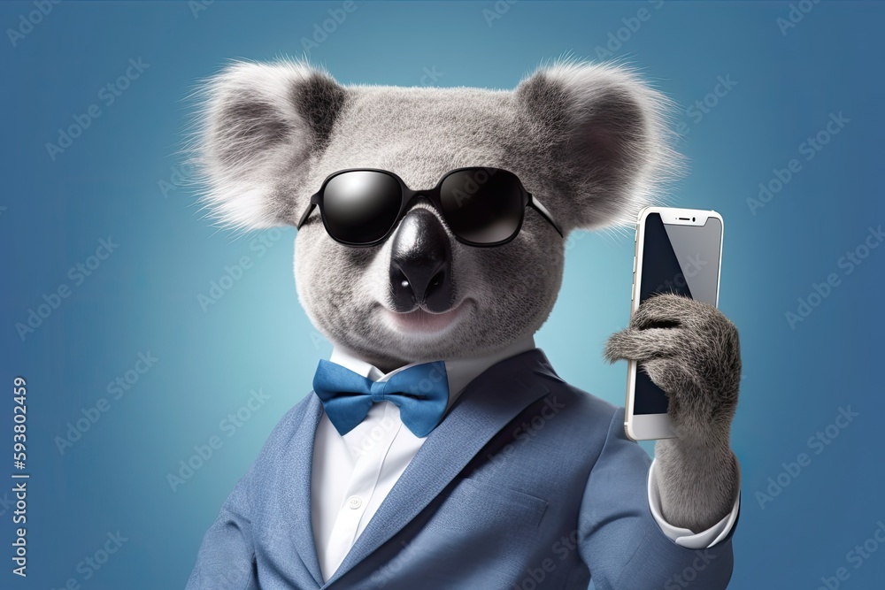 Poster stylish koala using a cellphone. generative ai
