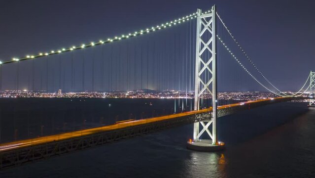 Time Lapse: Lights from traffic over suspension bridge by city at night