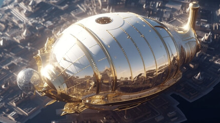 Fantasy airship, white and golden elegant, futuristic (ai generated)