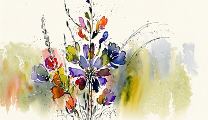 AI-generated illustration of colorful wildflowers, on a white background. MidJourney.