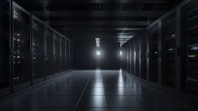 A Pathway to Server Room Full of Server Racks, Multiple Rows of Fully Operational Server Racks in Data Center,Reliable location for Data storage and backup,Application hosting,Databases, generative ai