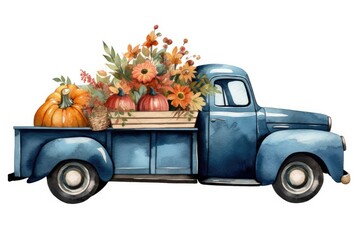 blue truck filled with pumpkins and flowers parked on a dirt road. Generative AI - obrazy, fototapety, plakaty