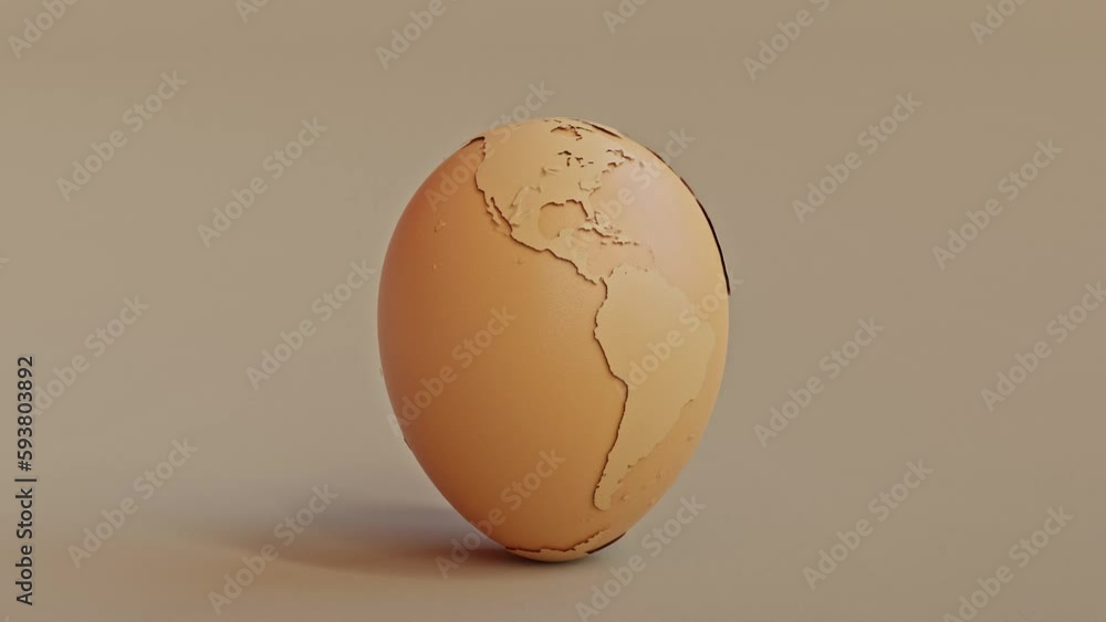 Poster earth globe that looks like an egg on brown background. animation revolves around itself seamless lo