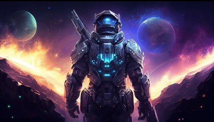 Naklejka premium cosmic defender, digital art illustration, Generative AI