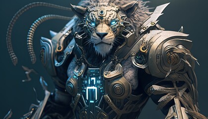 cyber lion warrior, digital art illustration, Generative AI