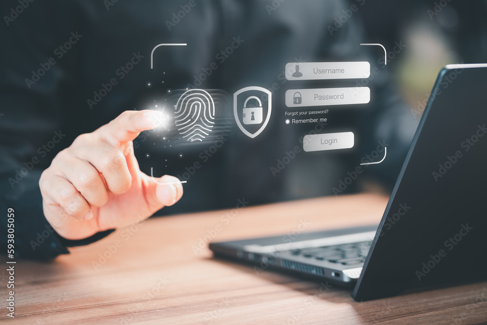 Poster Young man login with fingerprint scanning technology in the computer laptop. Secure encryption and access to the user's private information to access the internet.