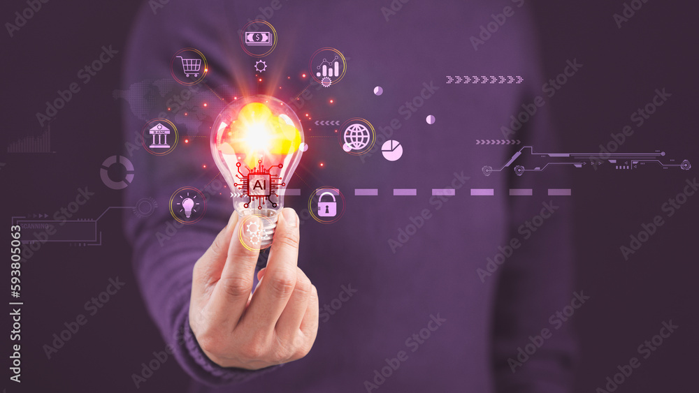 Poster hand holding a light bulb with global internet connection the ai technology, cloud computing, big da