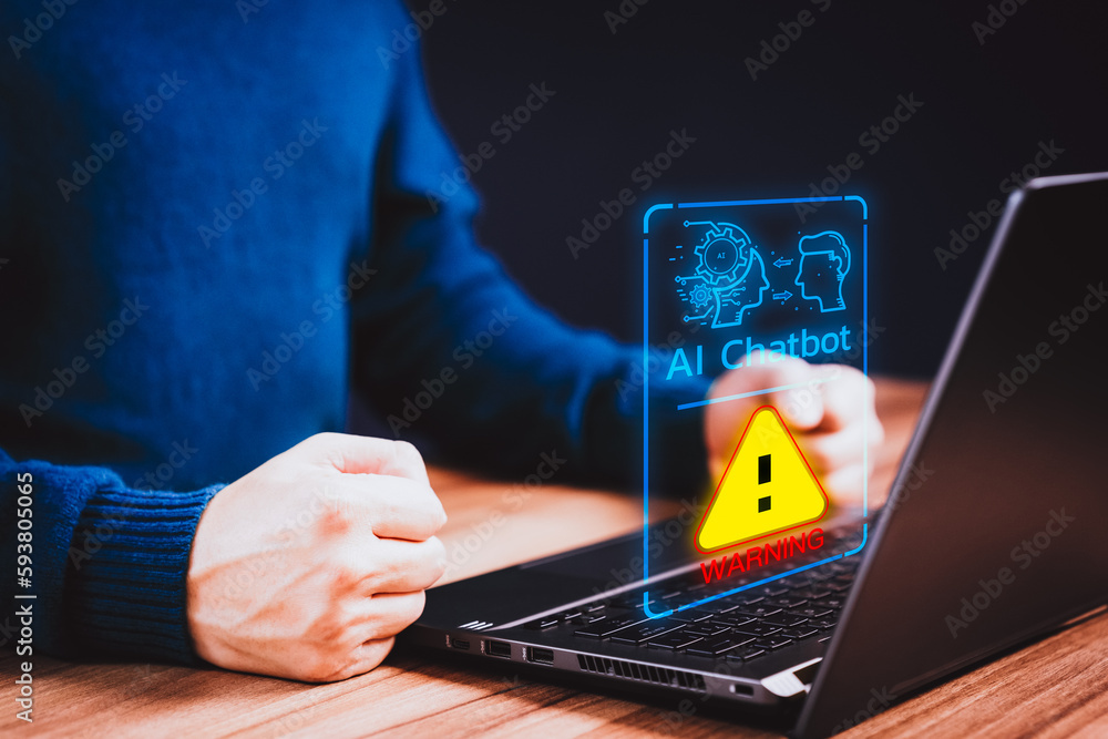 Fototapete Young man using laptop chatting with a smart AI using an artificial intelligence chatbot with triangle caution warning sign for notification error concept. Chat with AI, Artificial Intelligence.