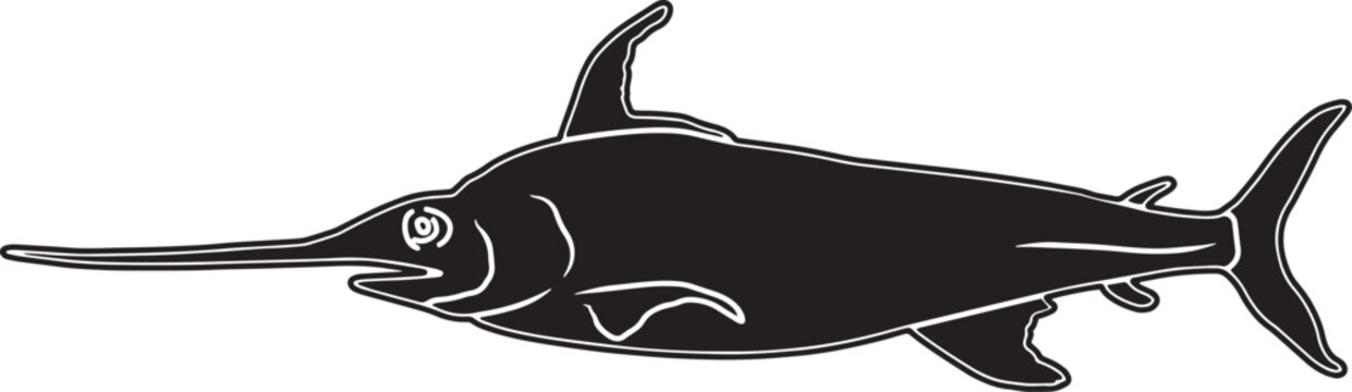 black swordfish outline, white border, side view clip art preview