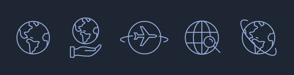 World globe line icon. Vector Earth global country map planet line icon. Travel internet globe set