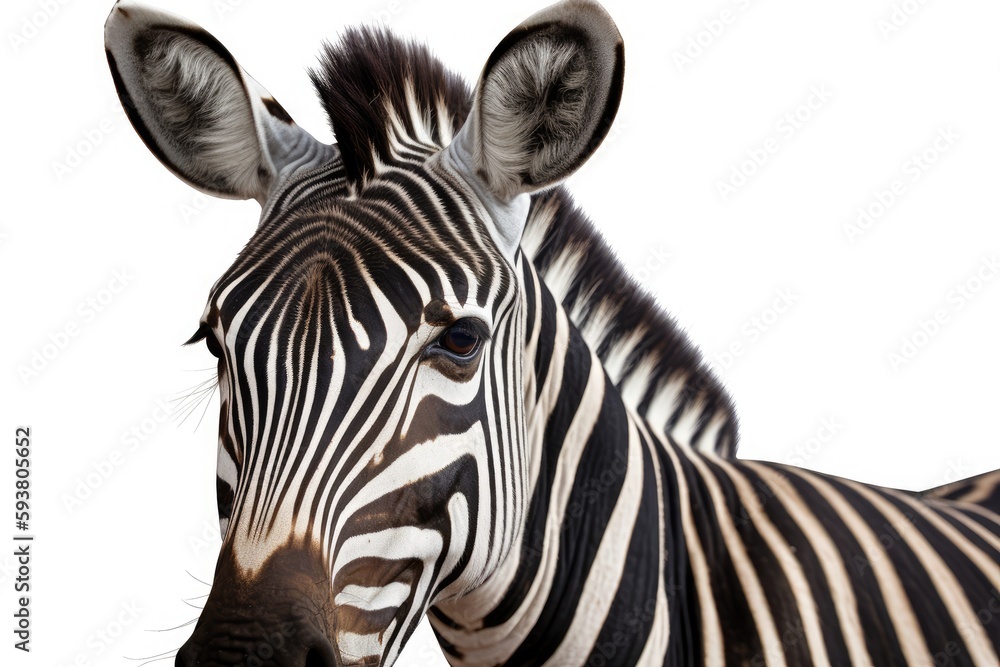 Poster close up of a zebra with a plain white background. generative ai
