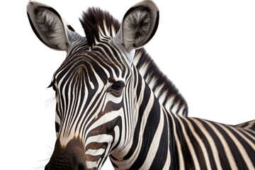 close up of a zebra with a plain white background. Generative AI
