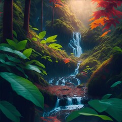Beautiful waterfall in the forest. Nature background. generated ai